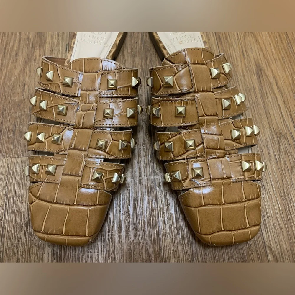 Vince Camuto Lendinna Croco Print Studded Leather Woven Fisherman Mules Size 6.5 - Picture 3 of 9